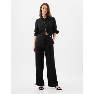 New Gap Linen Blend Pleated Easy Trouser Wide Leg Pants Size 12 Tall Black‎ NWT